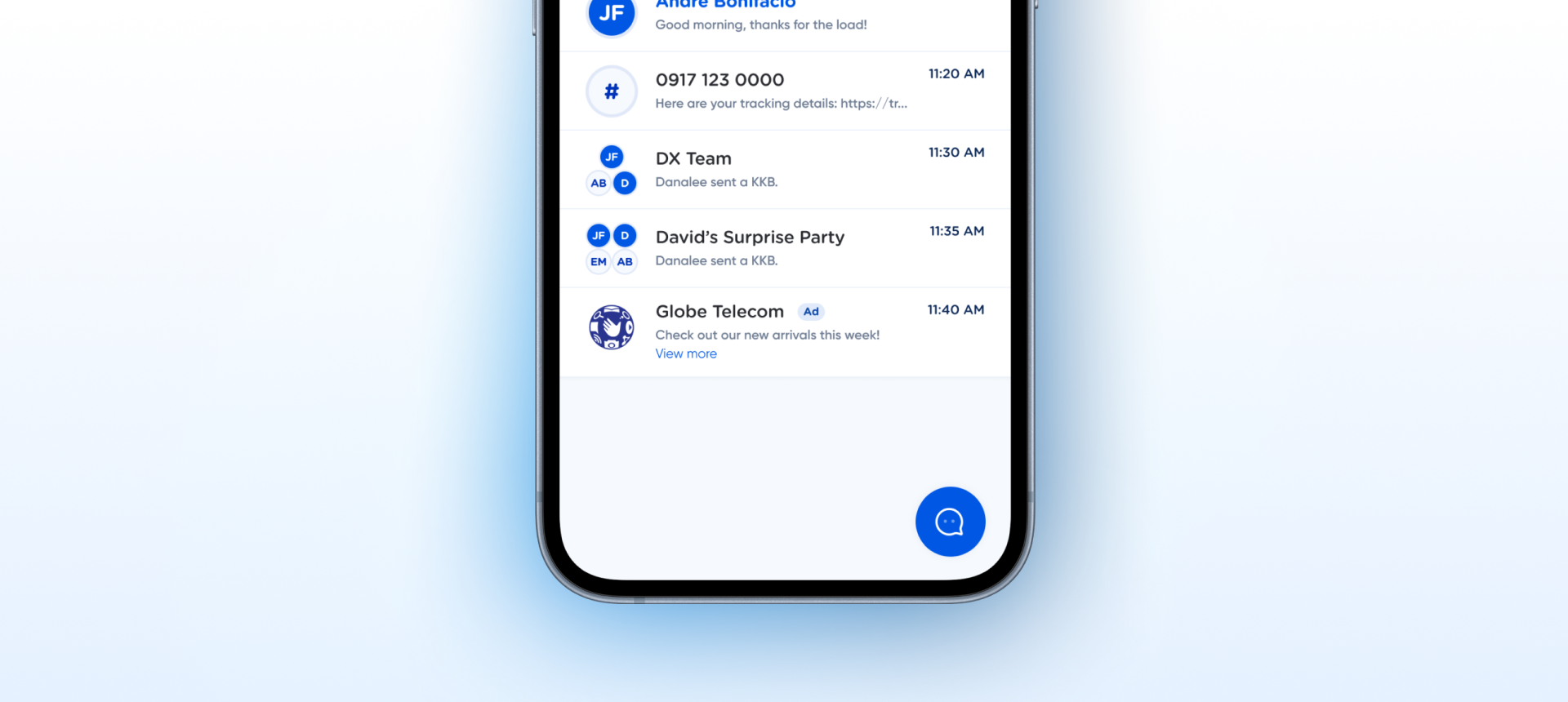 Avatar Group component shown in the GCash messaging/chat list, where group conversations display 2–3 stacked circular avatars