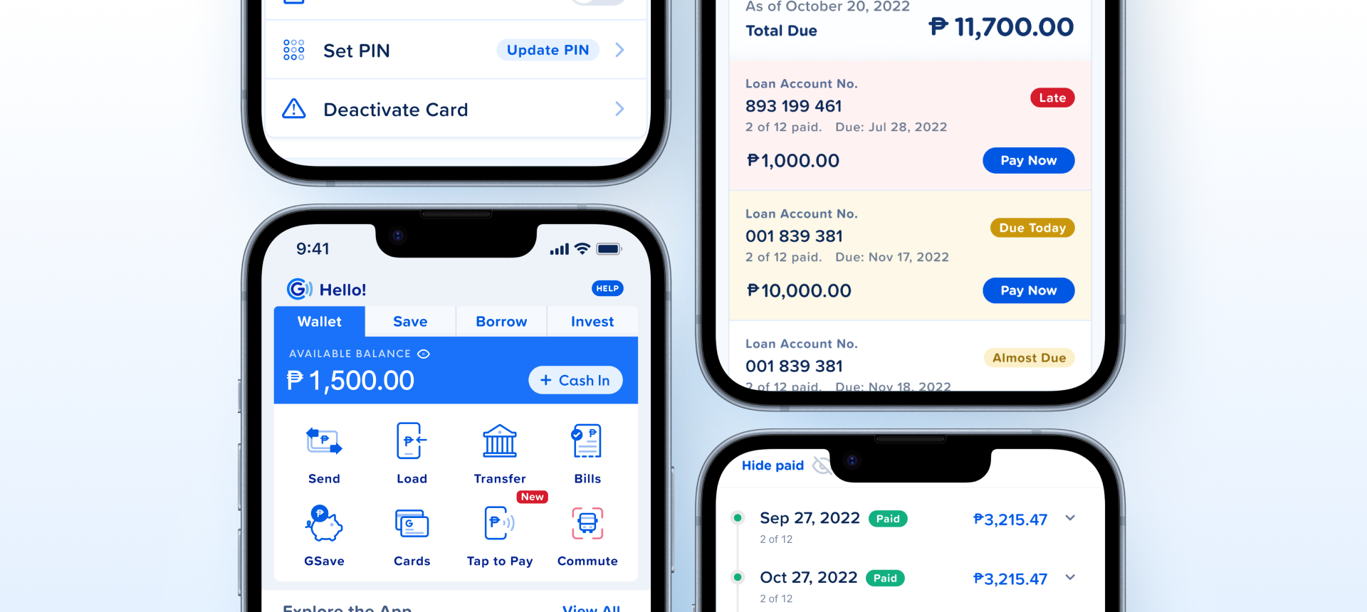 Badge component shown across four GCash screens: Late, Due Today and Almost Due status badges on loan accounts, Paid badges on a payment history, an Update PIN badge in card settings, and HELP and New badges on the home dashboard