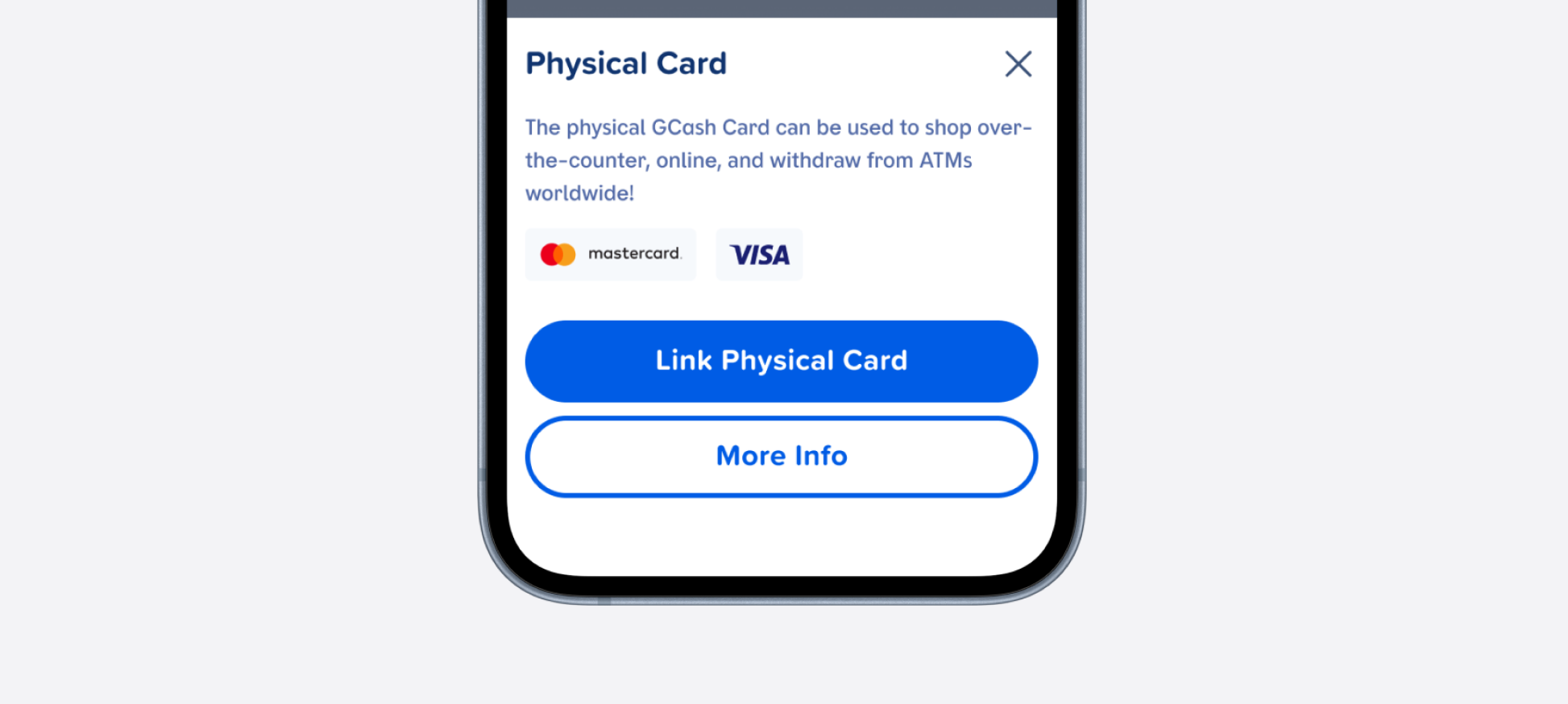 Button component shown in a GCash Physical Card bottom sheet with primary and secondary buttons