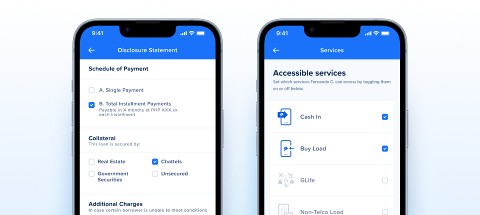 Checkbox component shown on two GCash screens: a Disclosure Statement with checked and unchecked options under Schedule of Payment and Collateral, and a Services screen where checkboxes turn Cash In and Buy Load on and GLife and Non-Telco Load off