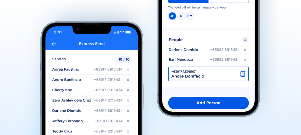Counter component shown on two GCash screens: a 10 / 10 limit counter next to Send to on the Express Send recipient list, and a 2 counter next to People on a split-bill screen
