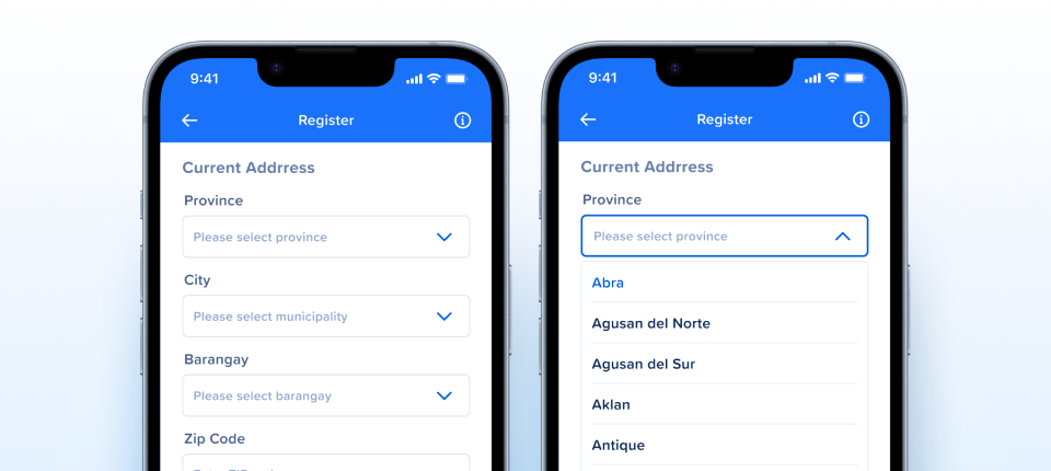 Select component shown on two GCash Register screens: closed Province, City and Barangay selects with placeholder text, and the Province select expanded with Abra, Agusan del Norte, Agusan del Sur, Aklan and Antique listed below