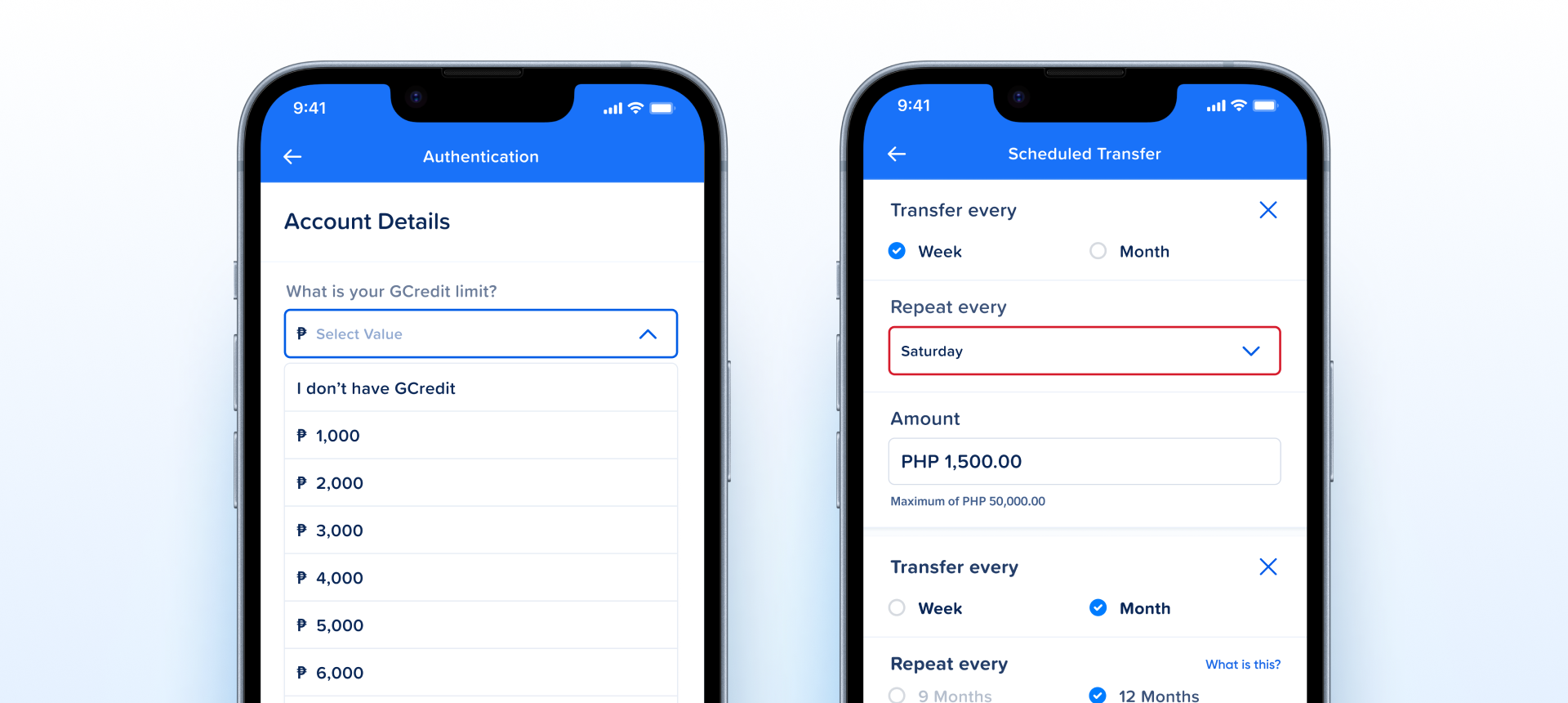 Select Group component shown on two GCash screens: an expanded Select on Account Details listing I don't have GCredit and peso amounts from 1,000 to 6,000, and a Scheduled Transfer screen with a closed Repeat every Select set to Saturday
