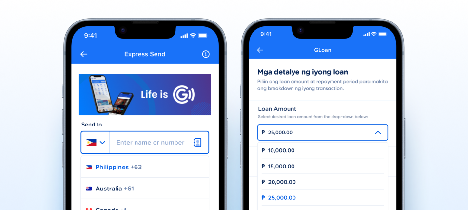 Select Item component shown on two GCash screens: country code rows with flags (Philippines +63 selected, Australia +61, Canada +1) on Express Send, and peso amount rows from 10,000.00 to 25,000.00 on GLoan with 25,000.00 selected