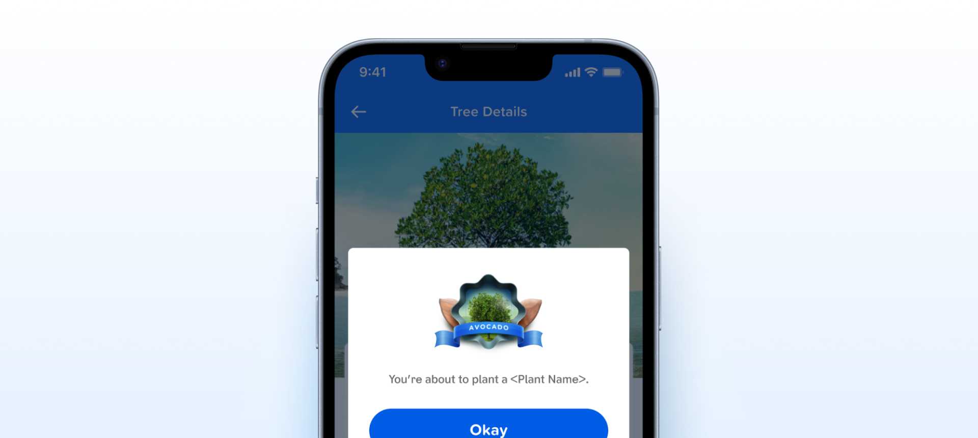 Overlay component shown on the GCash Tree Details screen: a dark scrim covers the page while a modal asks You're about to plant a Plant Name, with an Okay button