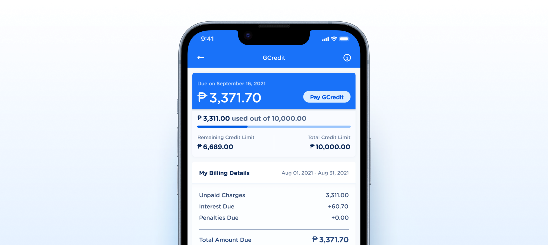 Progress Bar component shown on the GCash GCredit screen: under 3,311.00 used out of 10,000.00, a bar filled about one third of the way, above the remaining and total credit limits