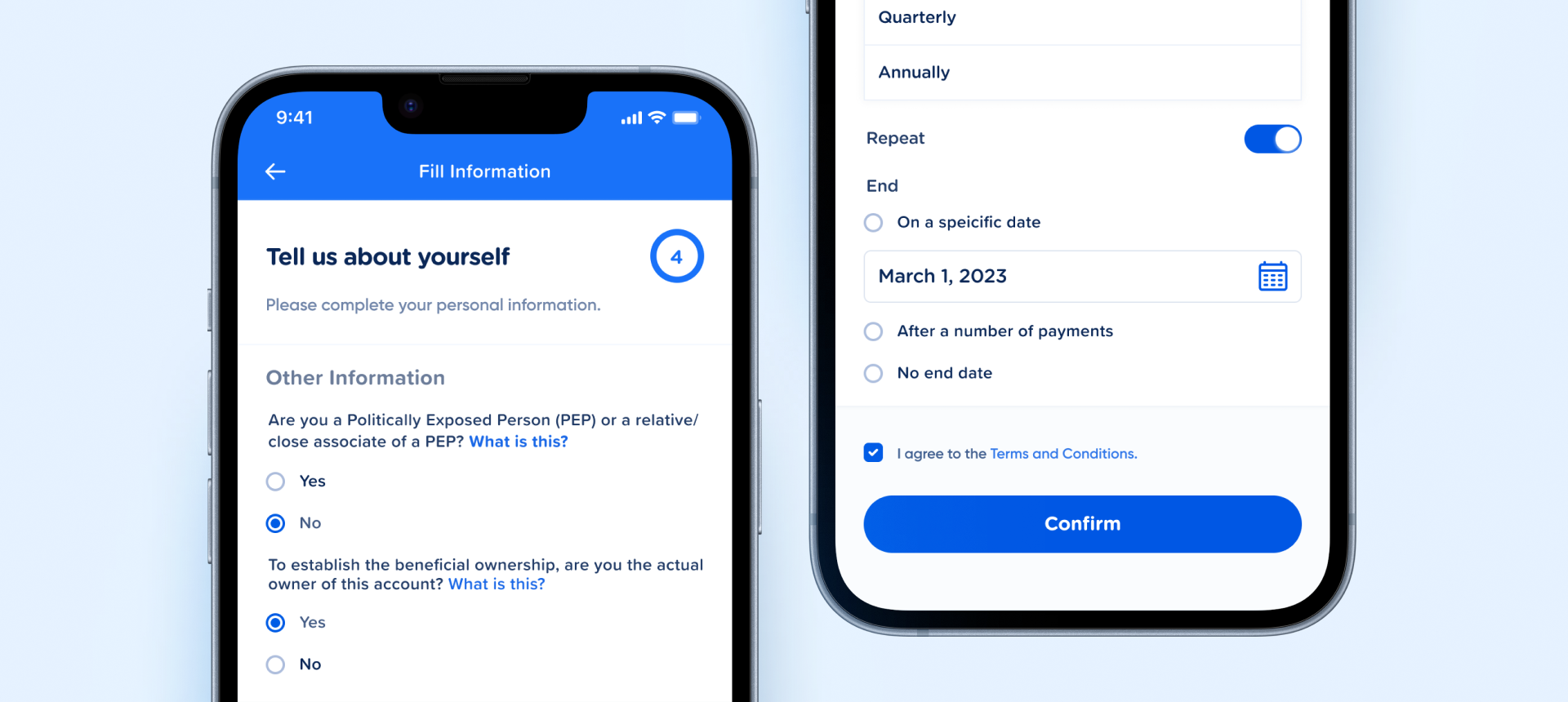 Radio Button component shown on two GCash screens: Yes and No radio pairs for the PEP and beneficial ownership questions on Fill Information, and End options On a specific date, After a number of payments and No end date on a recurring payment