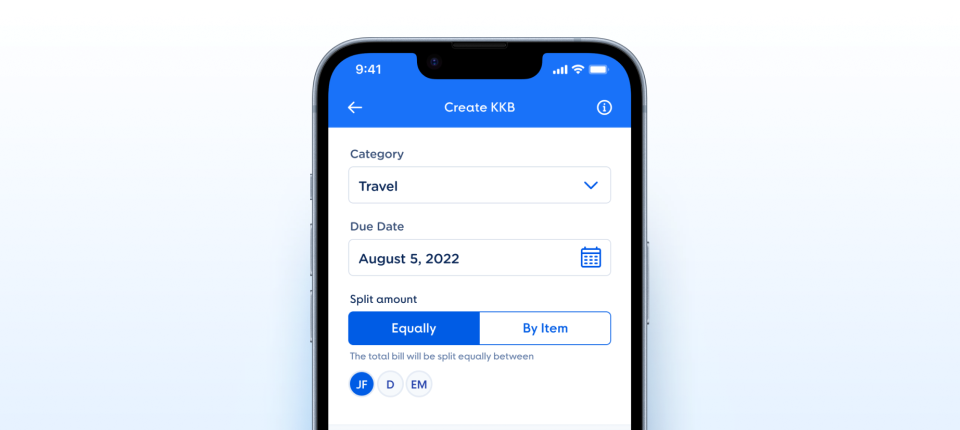 Segmented Control Group shown on the GCash Create KKB screen: the Split amount label, an Equally and By Item segmented control, the subtext The total bill will be split equally between, and three avatars JF, D and EM