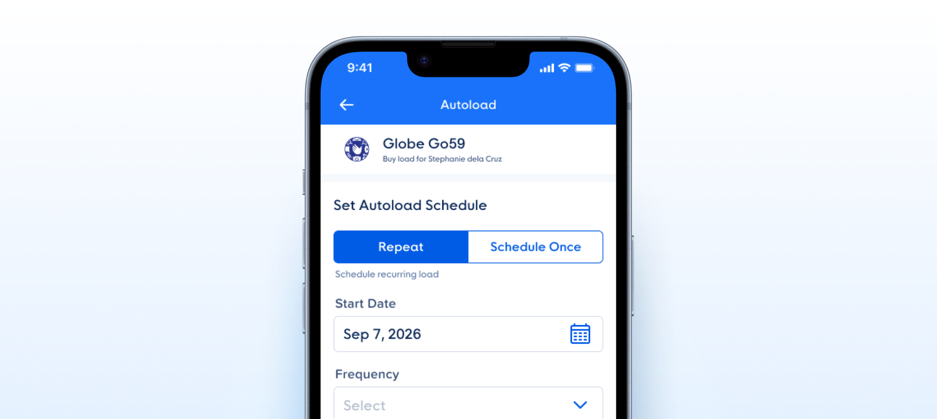 Segmented Control Button shown on the GCash Autoload screen: an active filled Repeat segment beside an outlined Schedule Once segment under Set Autoload Schedule