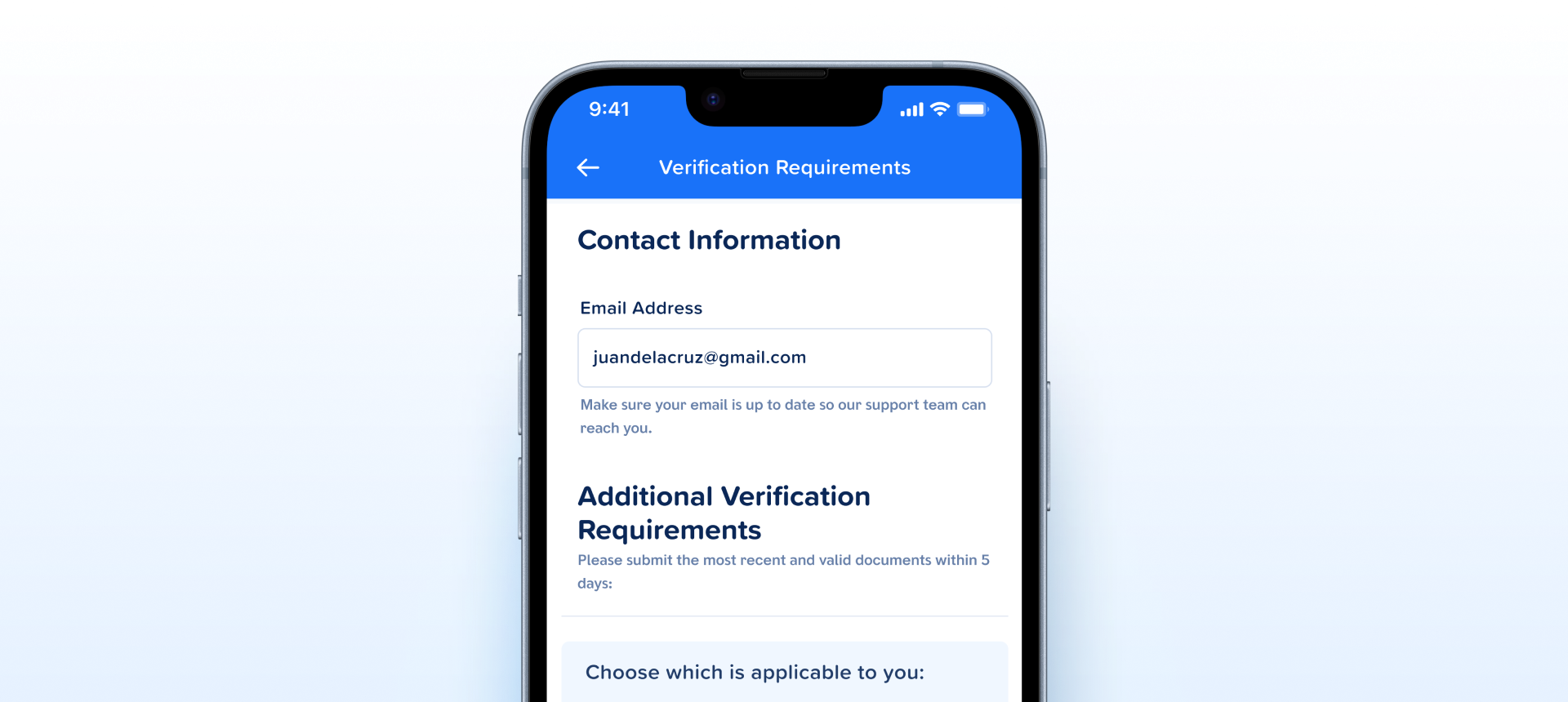 Subtext Message component shown on the GCash Verification Requirements screen: under the Email Address field, the line Make sure your email is up to date so our support team can reach you.