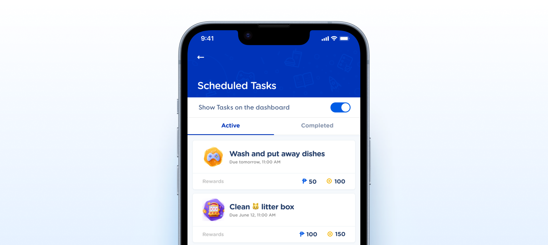 Toggle component shown on the GCash Scheduled Tasks screen: a toggle switched on beside the setting Show Tasks on the dashboard, above the Active and Completed task tabs